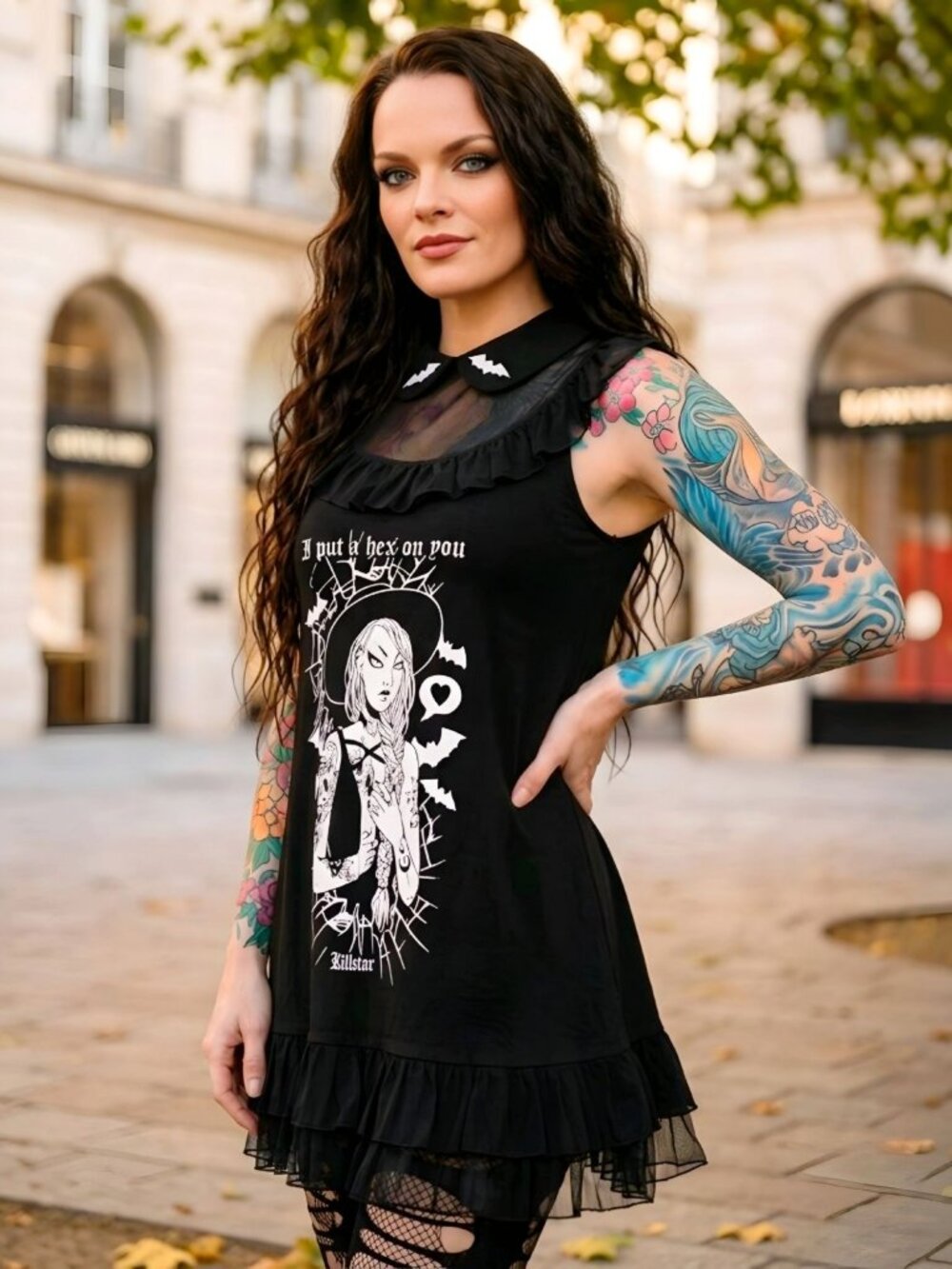 Killstar ✦ Hex Babydoll Dress ✦ Mesh Panel Collar Ruffles Graphic Print XS NWT